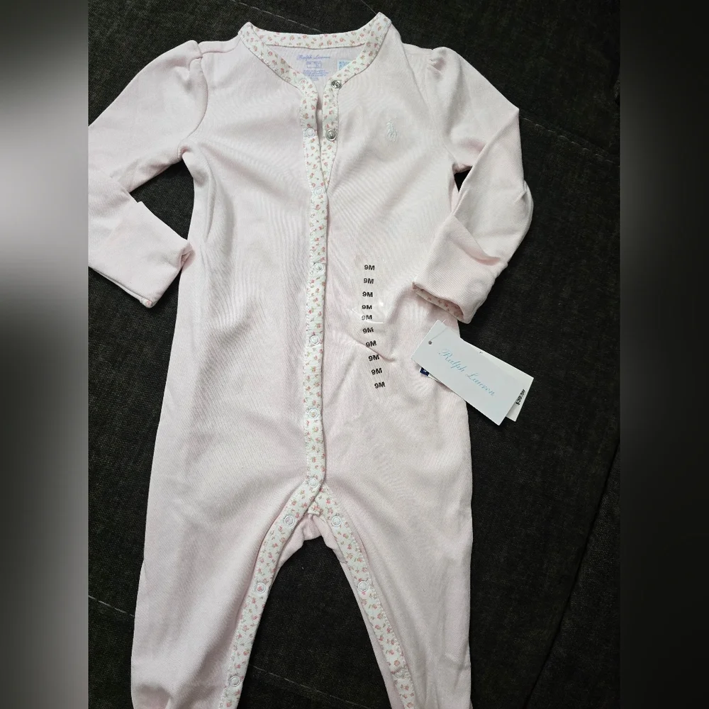 Ralph Lauren Light Pink Footie with Floral Trim